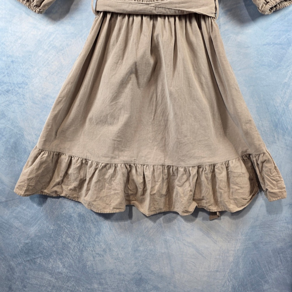Velvet Heart Tan Corduroy Puff Sleeve Mini Dress V-Neck Ruffle Hem Small - Picture 7 of 8